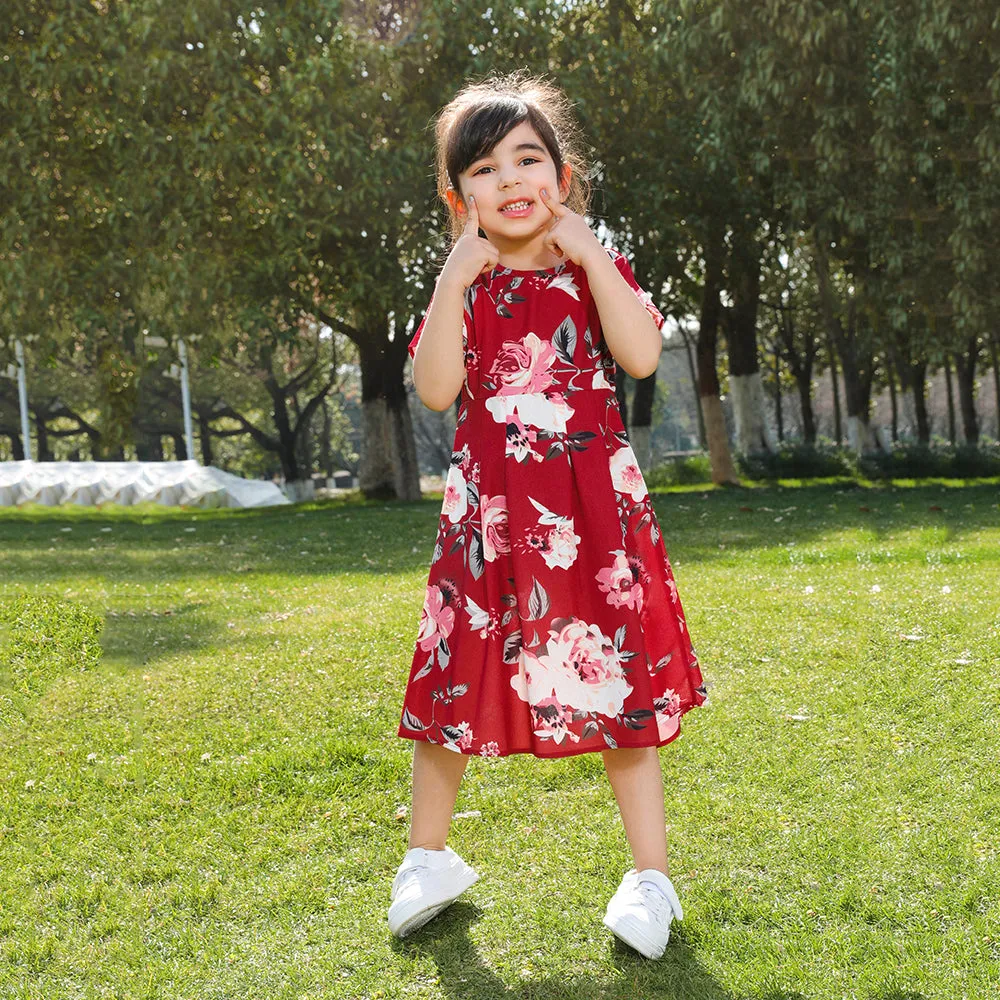 Family Matching All Over Floral Print Midi Dresses and Short-sleeve T-shirts Sets