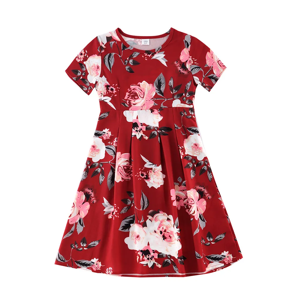 Family Matching All Over Floral Print Midi Dresses and Short-sleeve T-shirts Sets