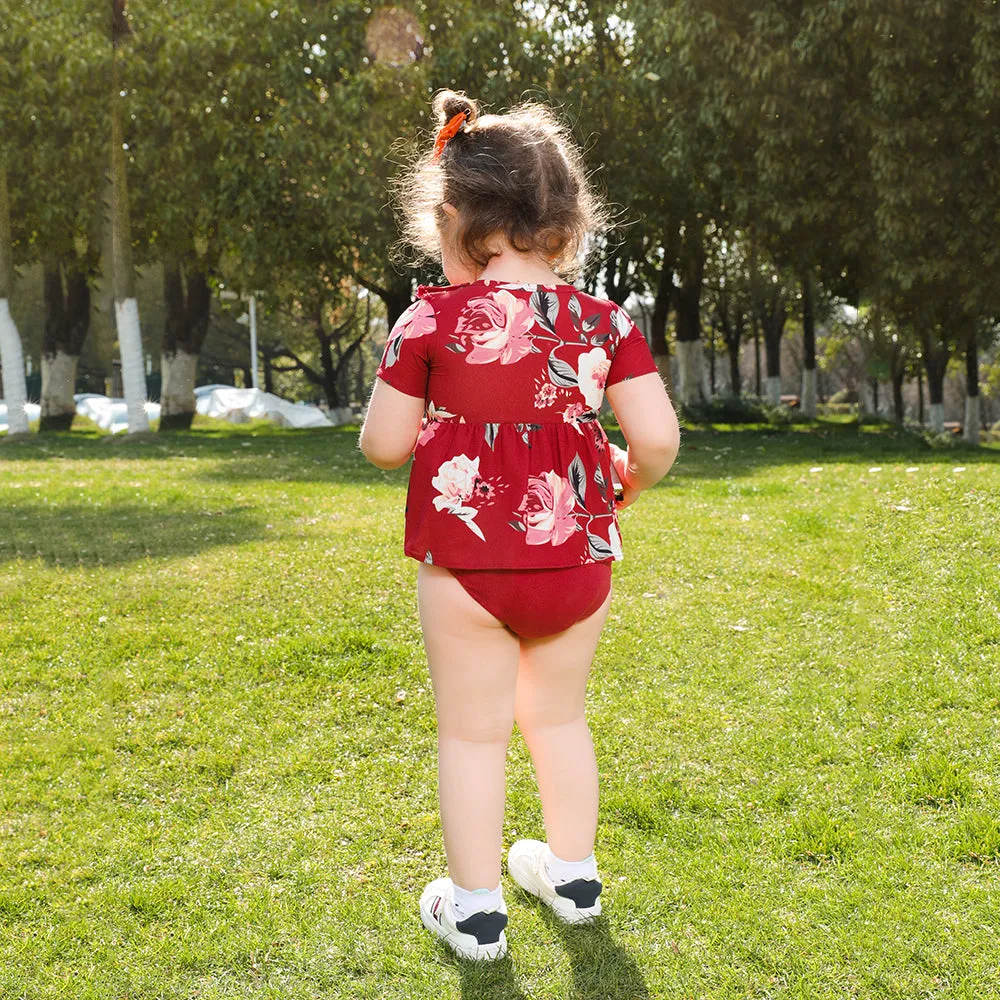 Family Matching All Over Floral Print Midi Dresses and Short-sleeve T-shirts Sets
