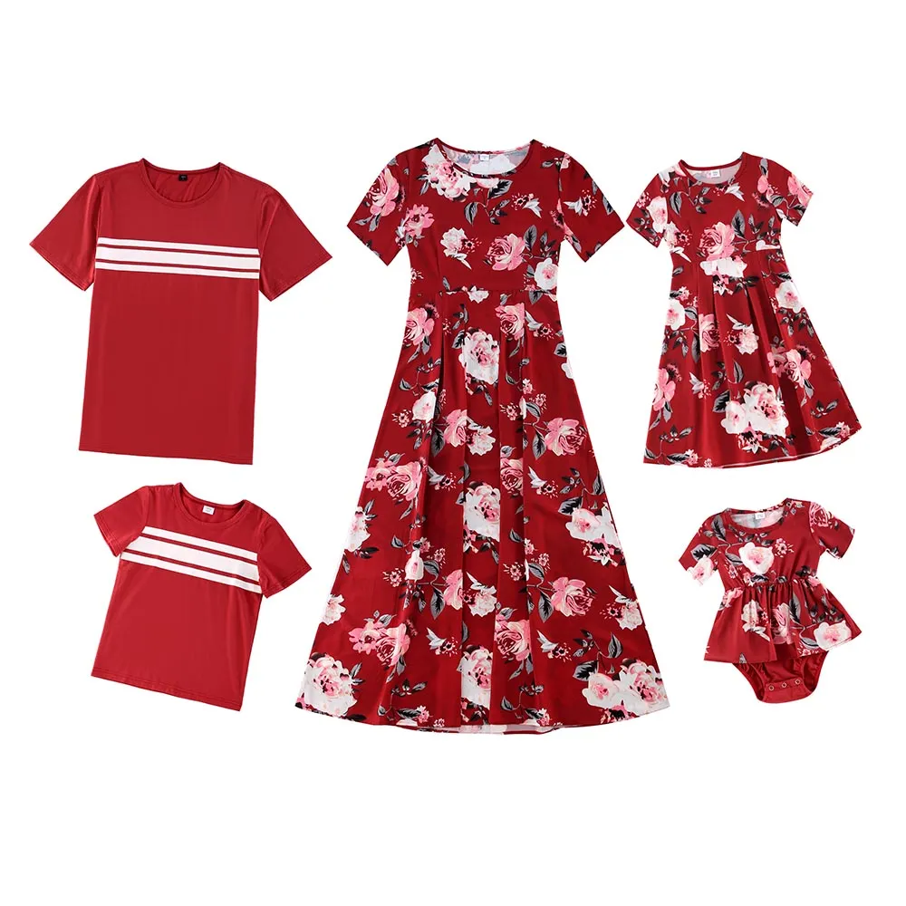 Family Matching All Over Floral Print Midi Dresses and Short-sleeve T-shirts Sets