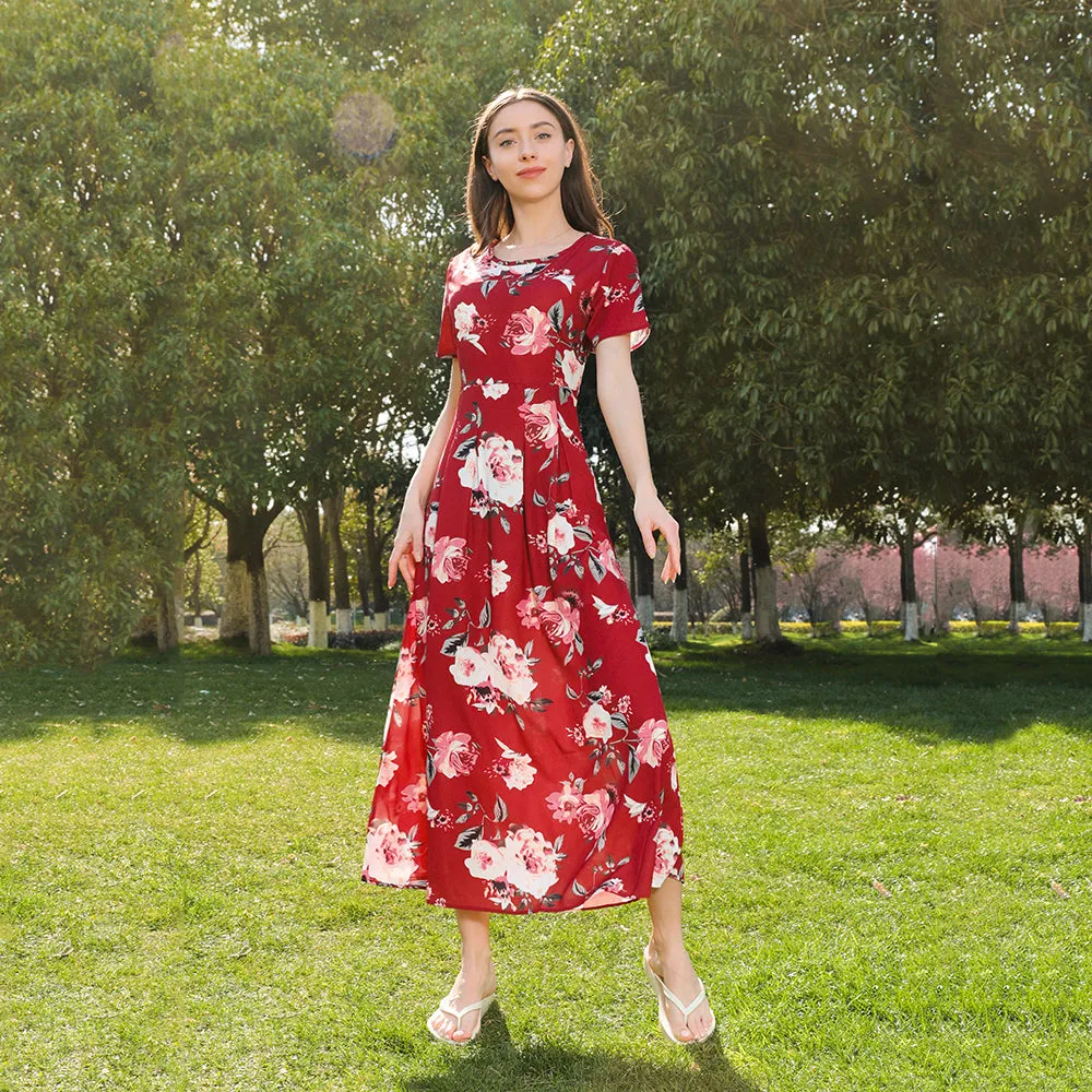 Family Matching All Over Floral Print Midi Dresses and Short-sleeve T-shirts Sets
