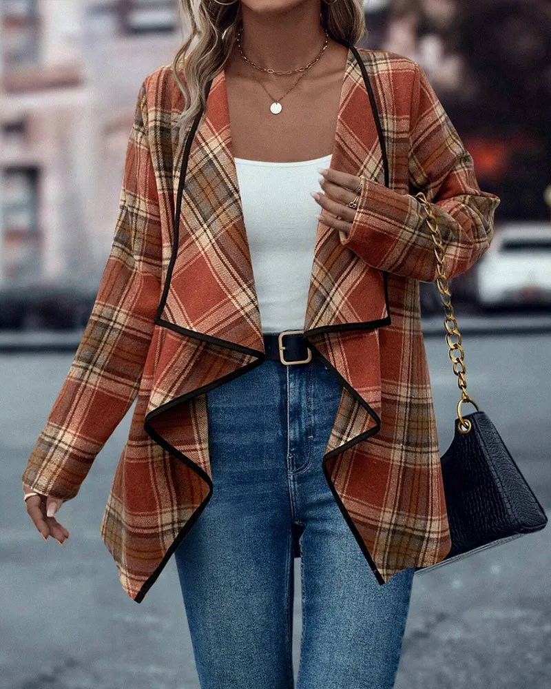 Fashionable plaid contrast color long sleeve coat