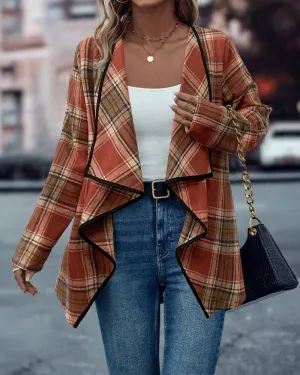Fashionable plaid contrast color long sleeve coat