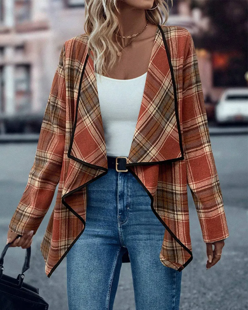 Fashionable plaid contrast color long sleeve coat