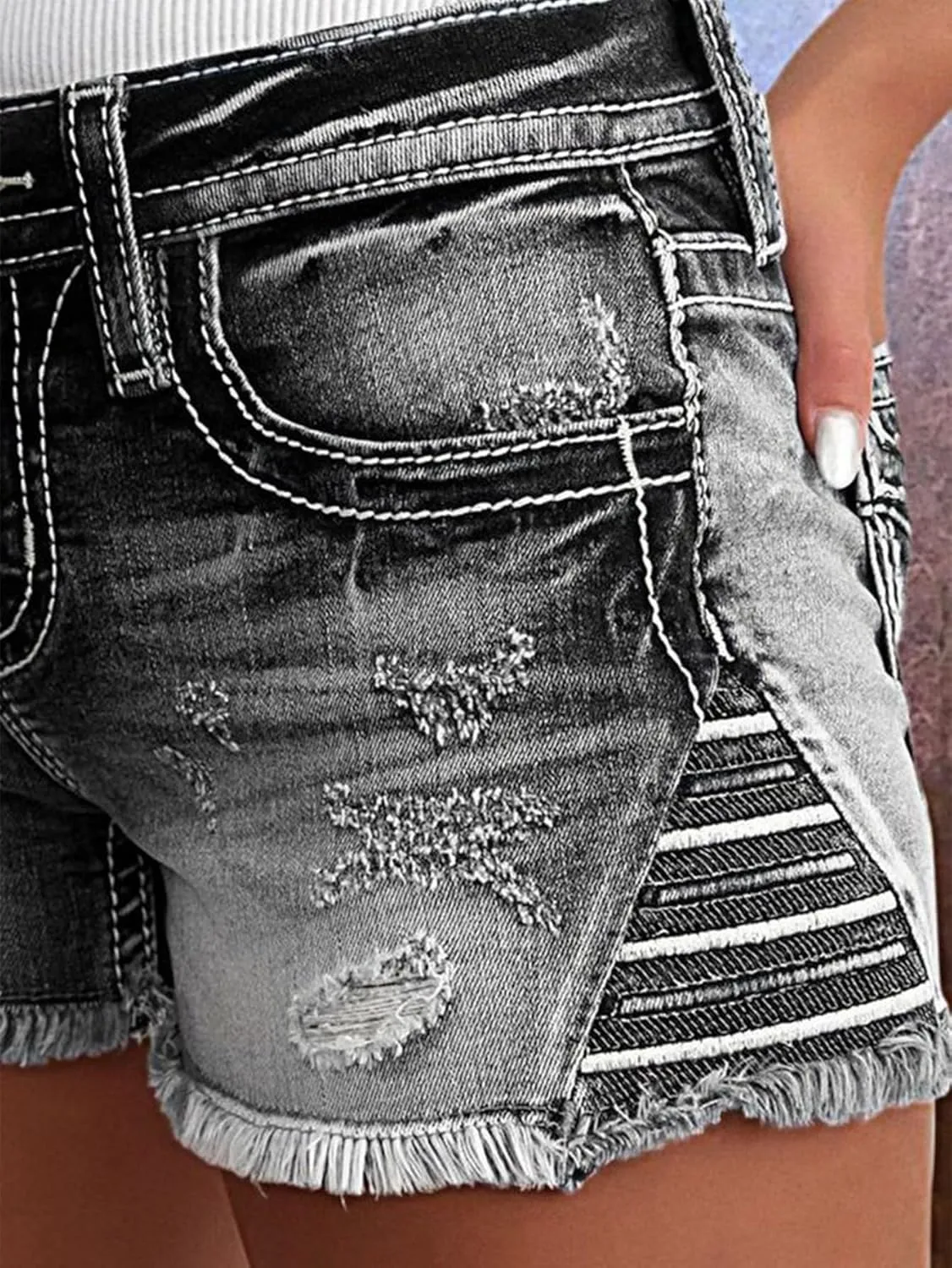 Flamingals Jean Shorts for Women Ripped Denim Low Waist Distressed Raw Hem Skinny Stretchy Shorts