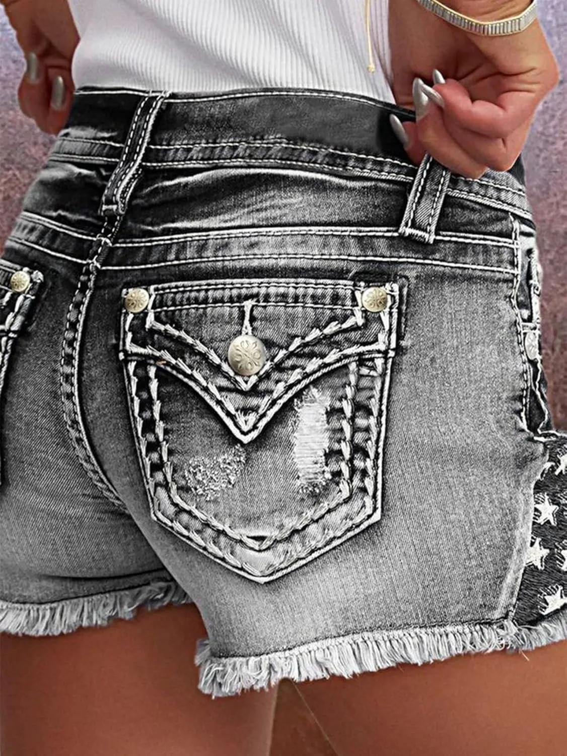 Flamingals Jean Shorts for Women Ripped Denim Low Waist Distressed Raw Hem Skinny Stretchy Shorts