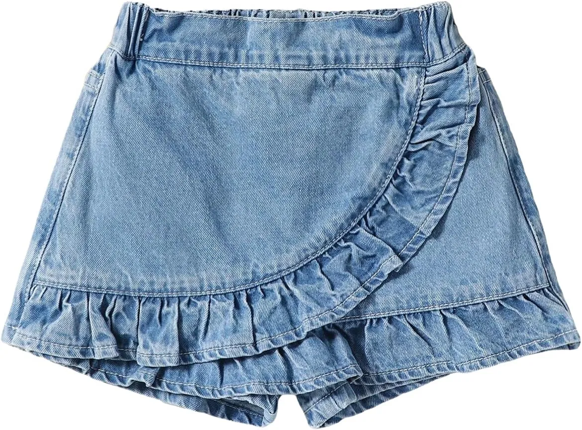 Floerns Girls Casual Ruffle Trim Denim Skorts Elastic Waist Skirt Shorts