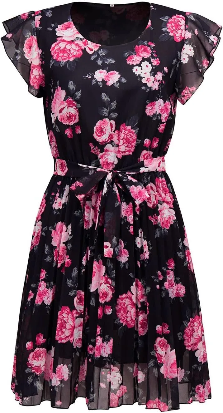 Floral Dress for Women 2025 Summer Short Sleeve Chiffon Boho Mini Dress Elegant Ruffle Vacation Beach Dress with Belt