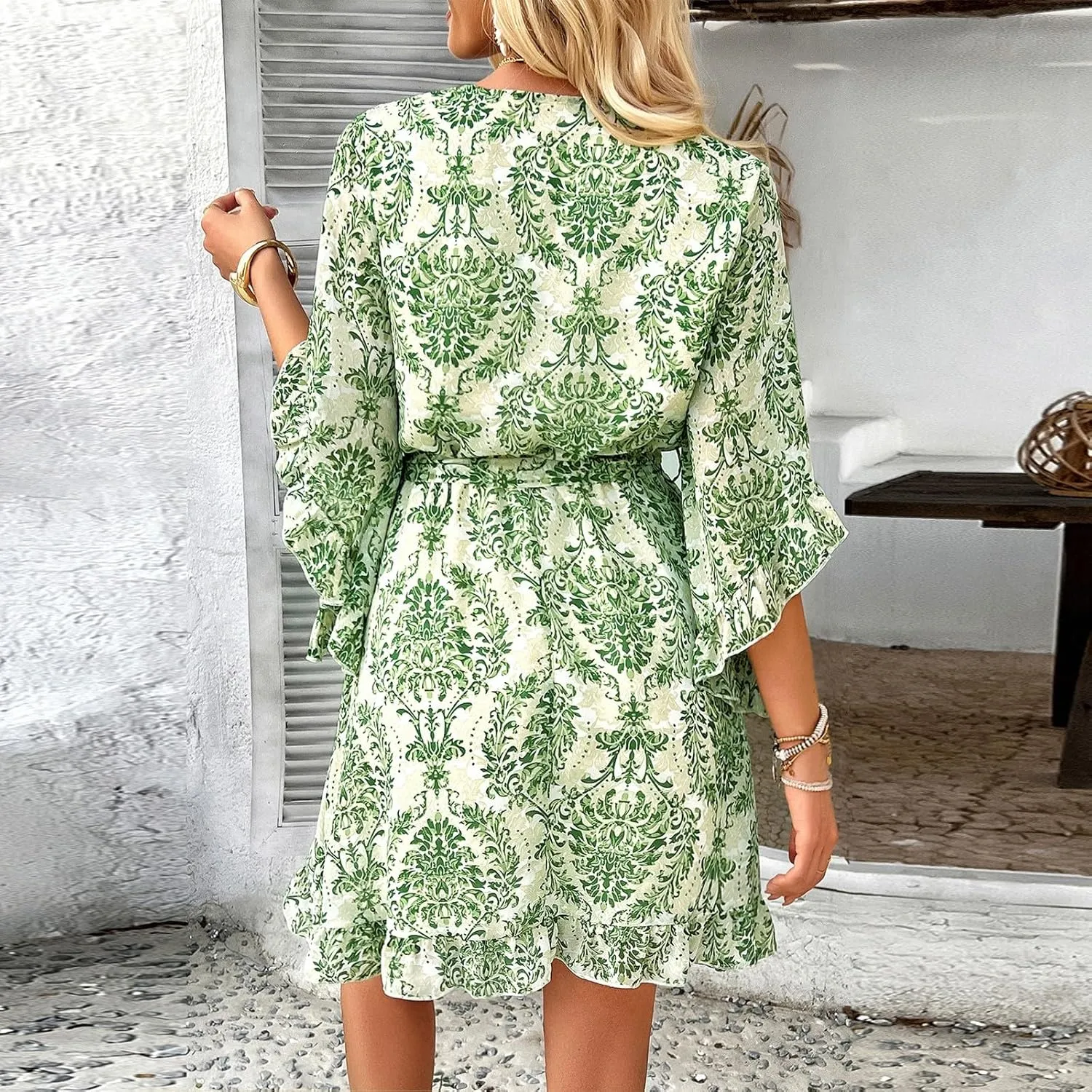 Floral Dress for Women 2025 Summer Short Sleeve Chiffon Boho Mini Dress Elegant Ruffle Vacation Beach Dress with Belt