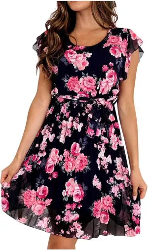 Floral Dress for Women 2025 Summer Short Sleeve Chiffon Boho Mini Dress Elegant Ruffle Vacation Beach Dress with Belt