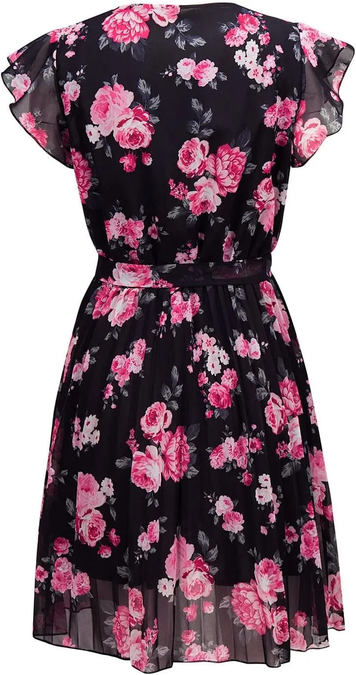 Floral Dress for Women 2025 Summer Short Sleeve Chiffon Boho Mini Dress Elegant Ruffle Vacation Beach Dress with Belt
