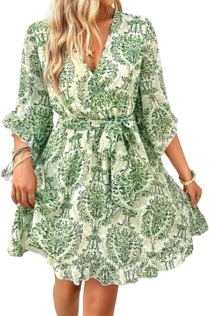 Floral Dress for Women 2025 Summer Short Sleeve Chiffon Boho Mini Dress Elegant Ruffle Vacation Beach Dress with Belt