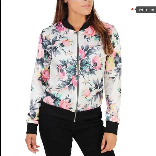 Floral Print Stand Collar Zipper Short Coat