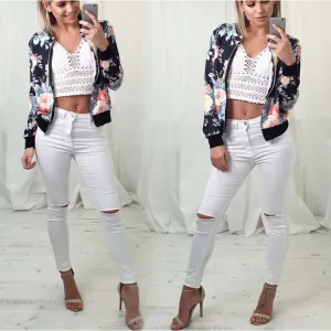 Floral Print Stand Collar Zipper Short Coat