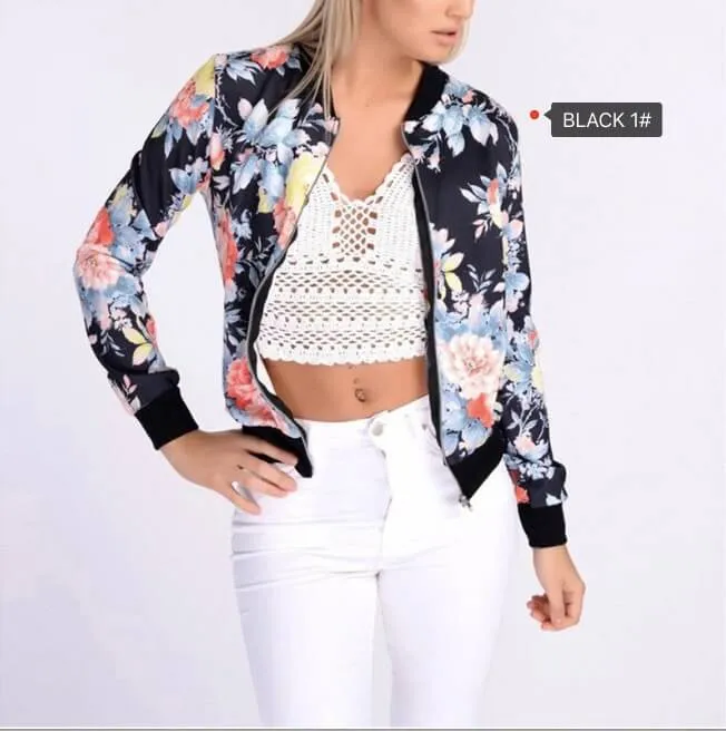 Floral Print Stand Collar Zipper Short Coat