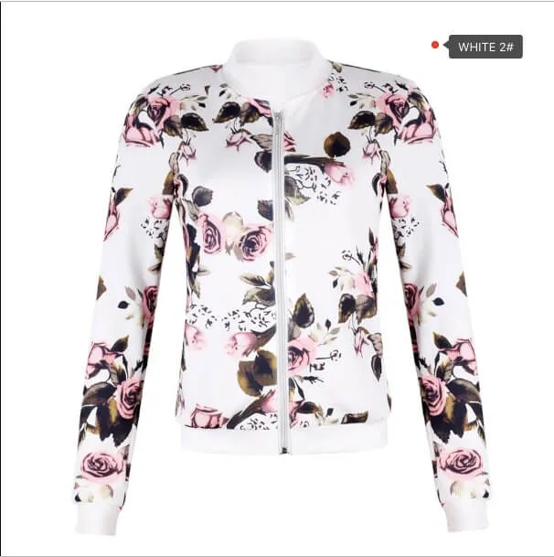 Floral Print Stand Collar Zipper Short Coat