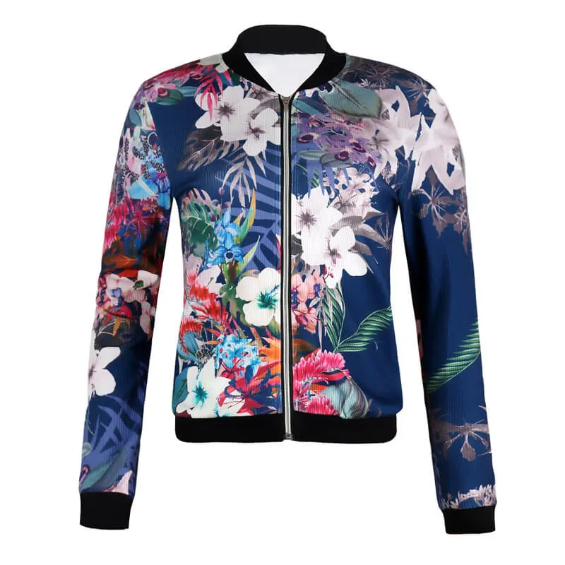 Floral Print Stand Collar Zipper Short Coat