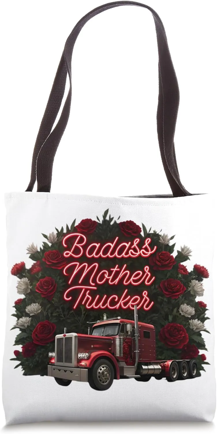 Funny Mother Trucking Mom Quote Red Semi-Truck with Roses Tote Bag