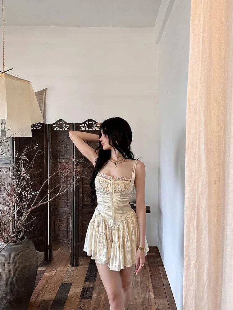 Getadme French Elegant Ballet Style Waist Slimming Suspender Dress for Women Summer New Sweet Lace Splicing A-line Short Dress