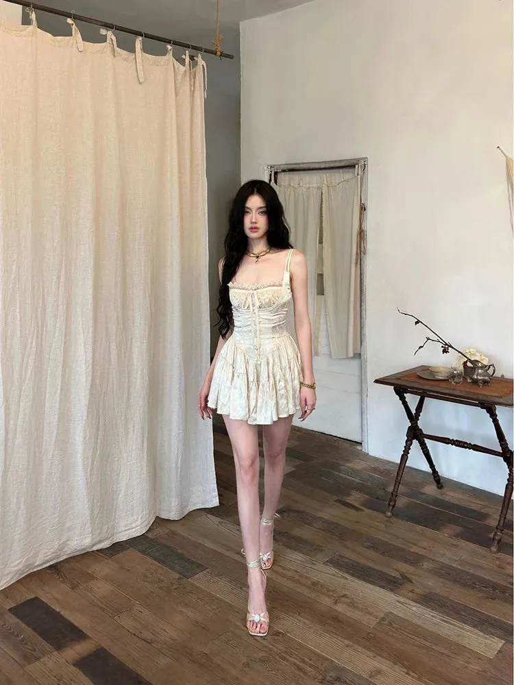 Getadme French Elegant Ballet Style Waist Slimming Suspender Dress for Women Summer New Sweet Lace Splicing A-line Short Dress
