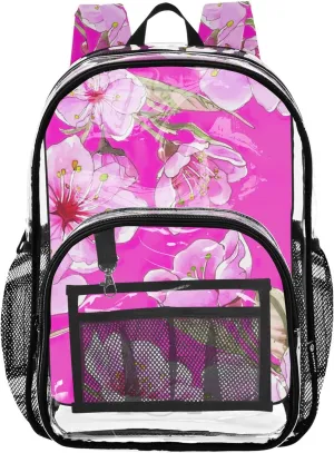 Girls Backpack for Kids Vibrant Rose Pink Cherry Blossoms Travel Clear Bags for Women Large Plastic Approved Bag