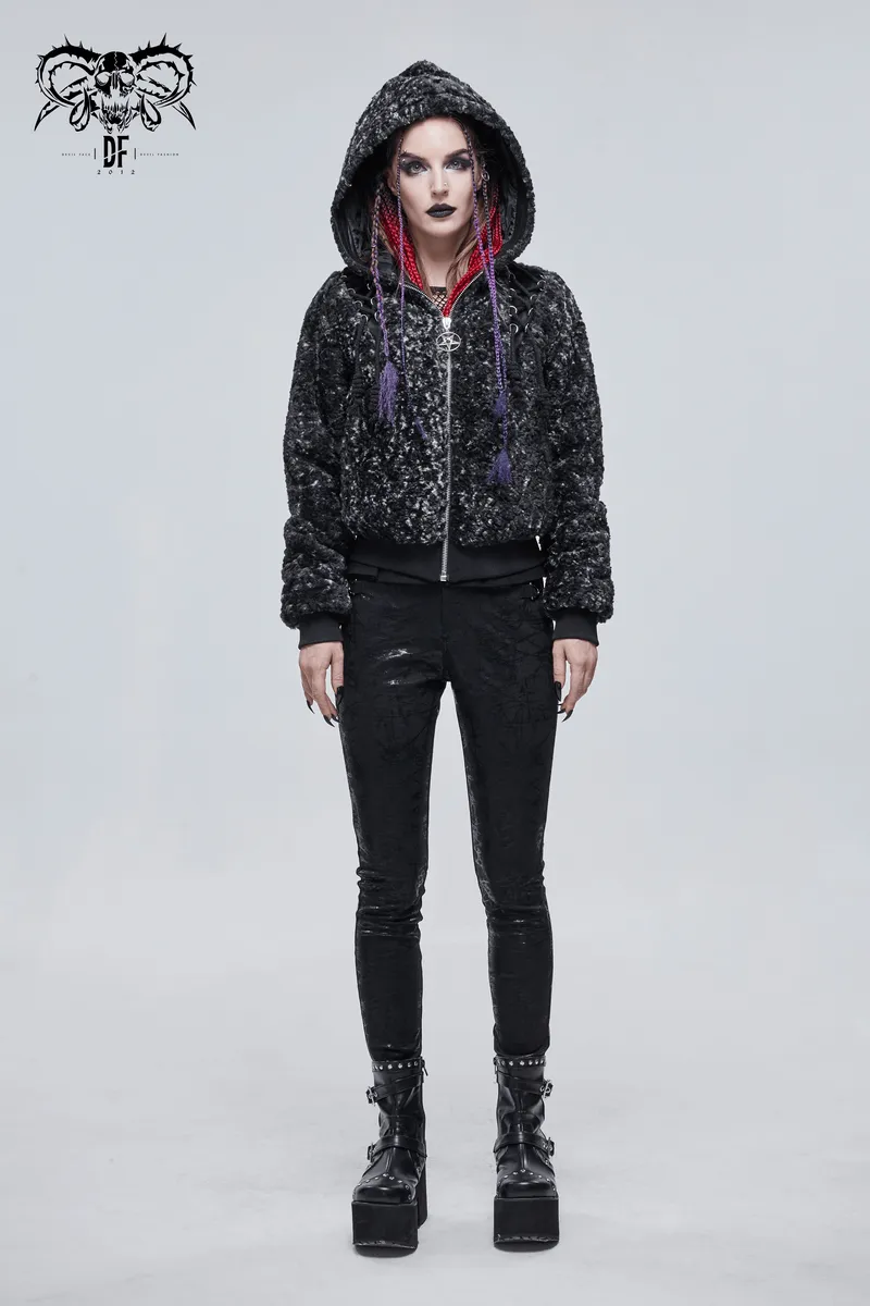Gothic Strappy Splice Short Jacket with Hood / Women's Zipper Warm Jackets