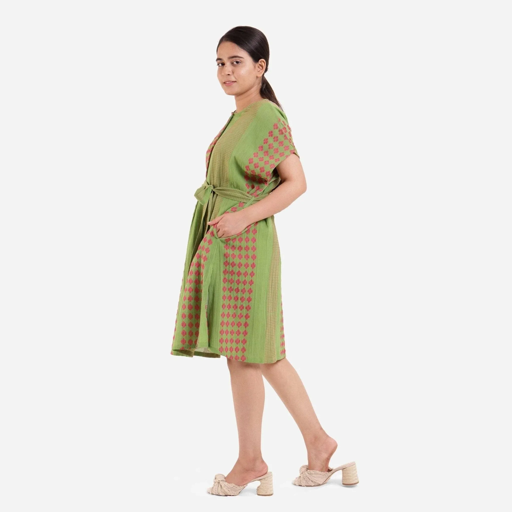 Green Crinkled Cotton Striped Knee Length Slit Dress