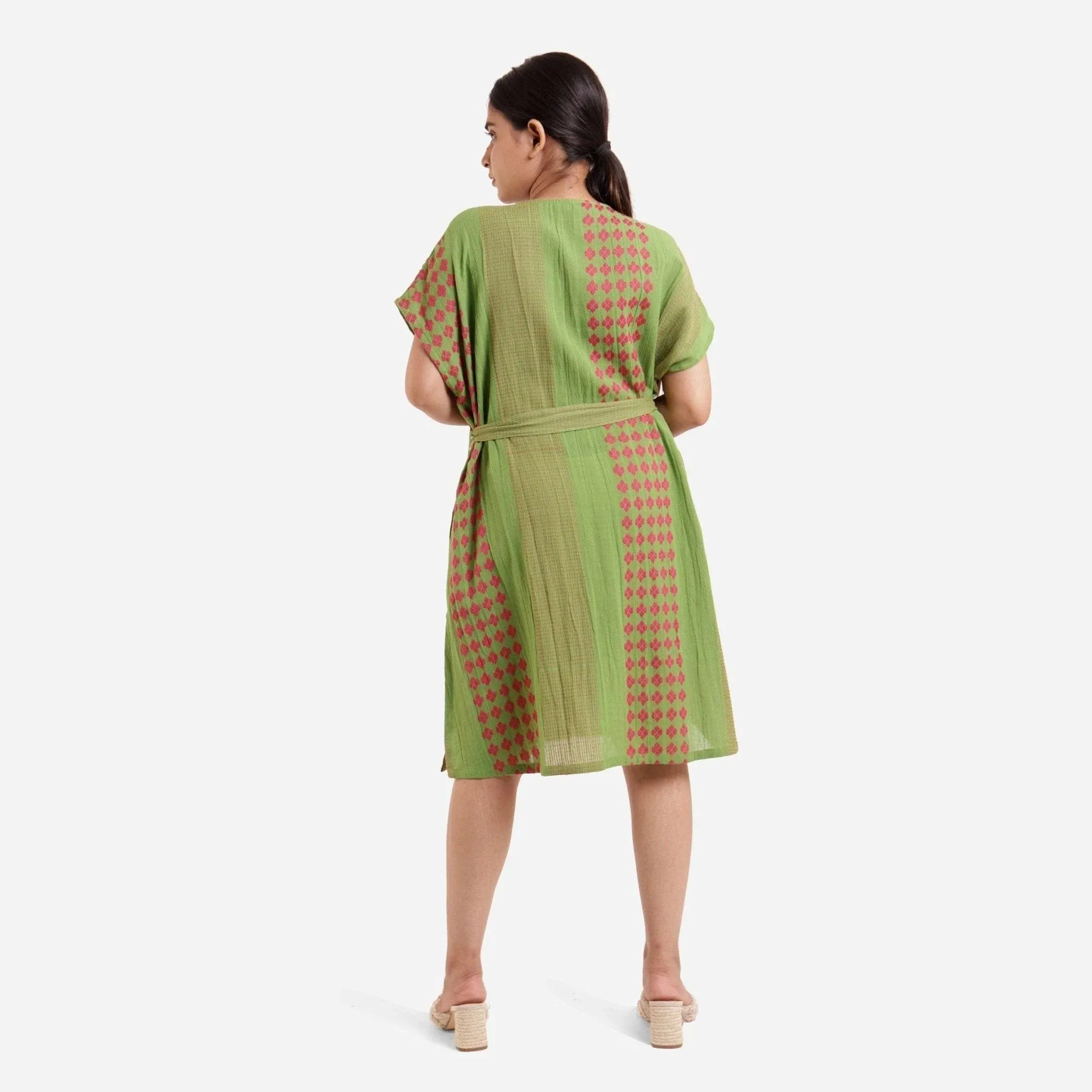 Green Crinkled Cotton Striped Knee Length Slit Dress