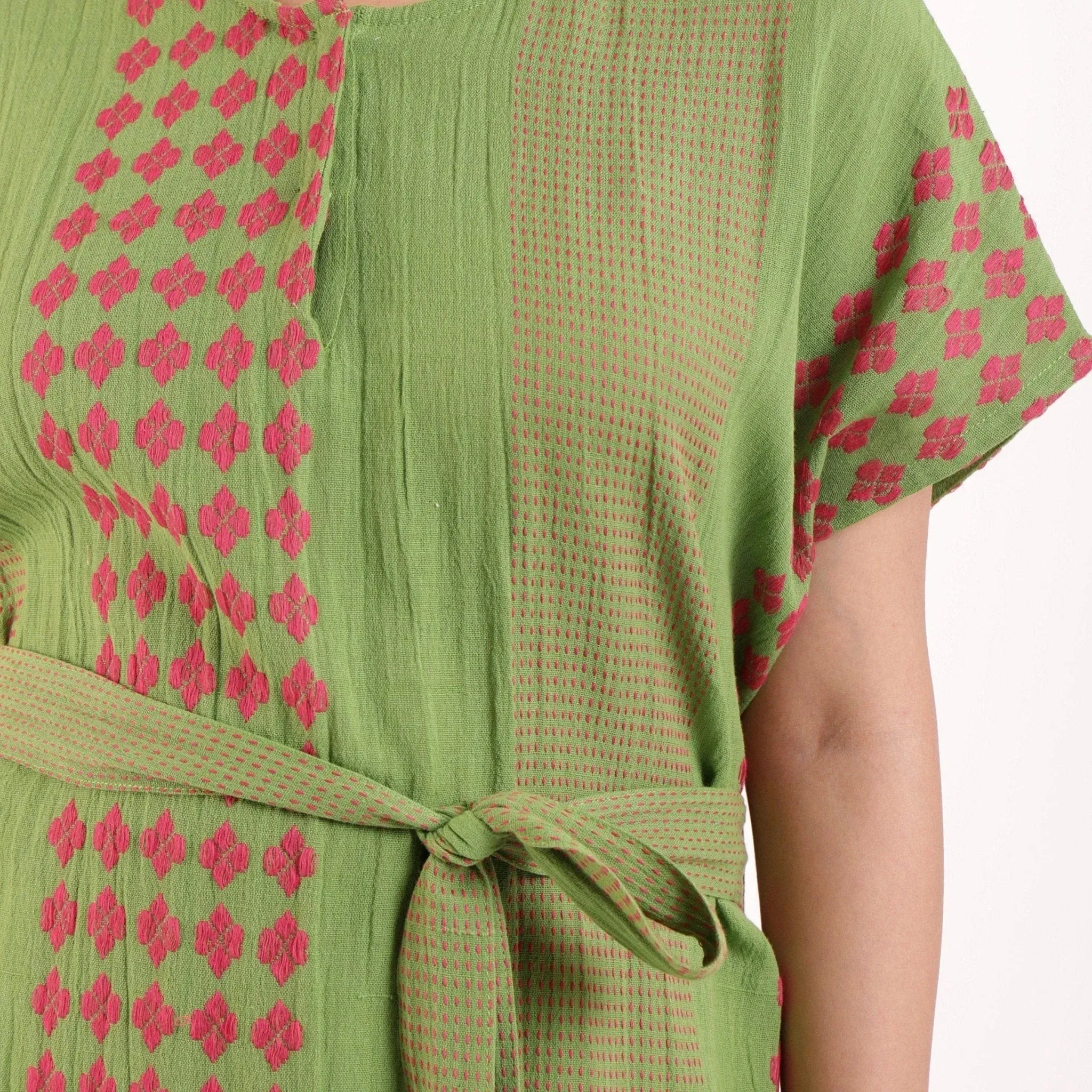 Green Crinkled Cotton Striped Knee Length Slit Dress