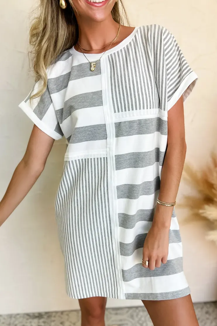 Grey Mixed Short Sleeve Shift Mini T Shirt Dress