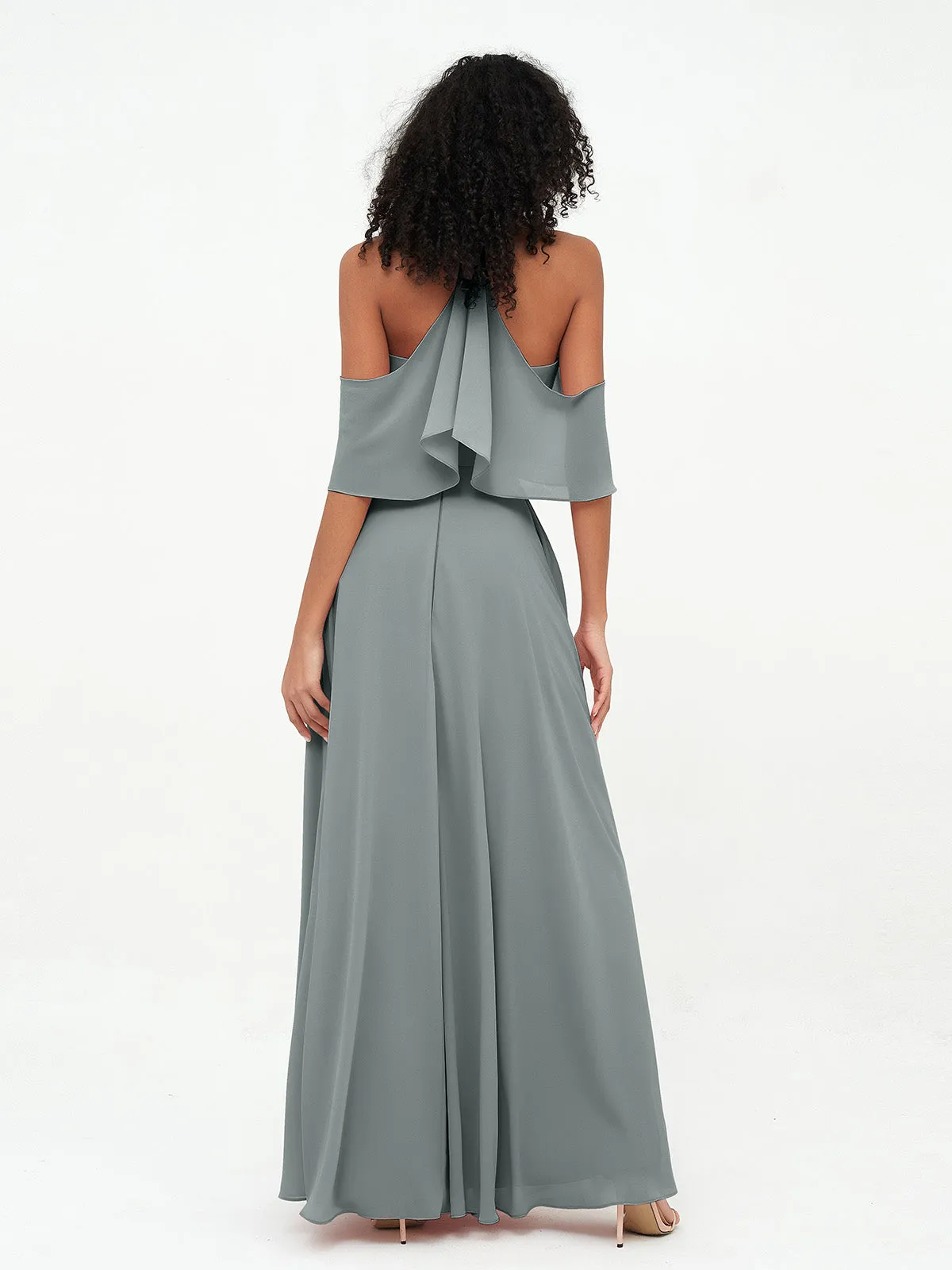 Halter Off the Shoulder Max Dresses with Pockets-Steel Grey