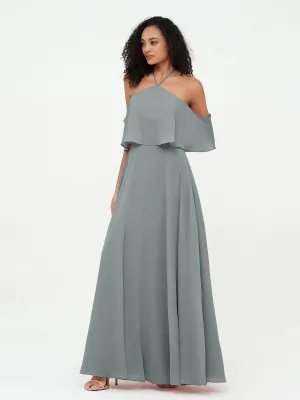 Halter Off the Shoulder Max Dresses with Pockets-Steel Grey