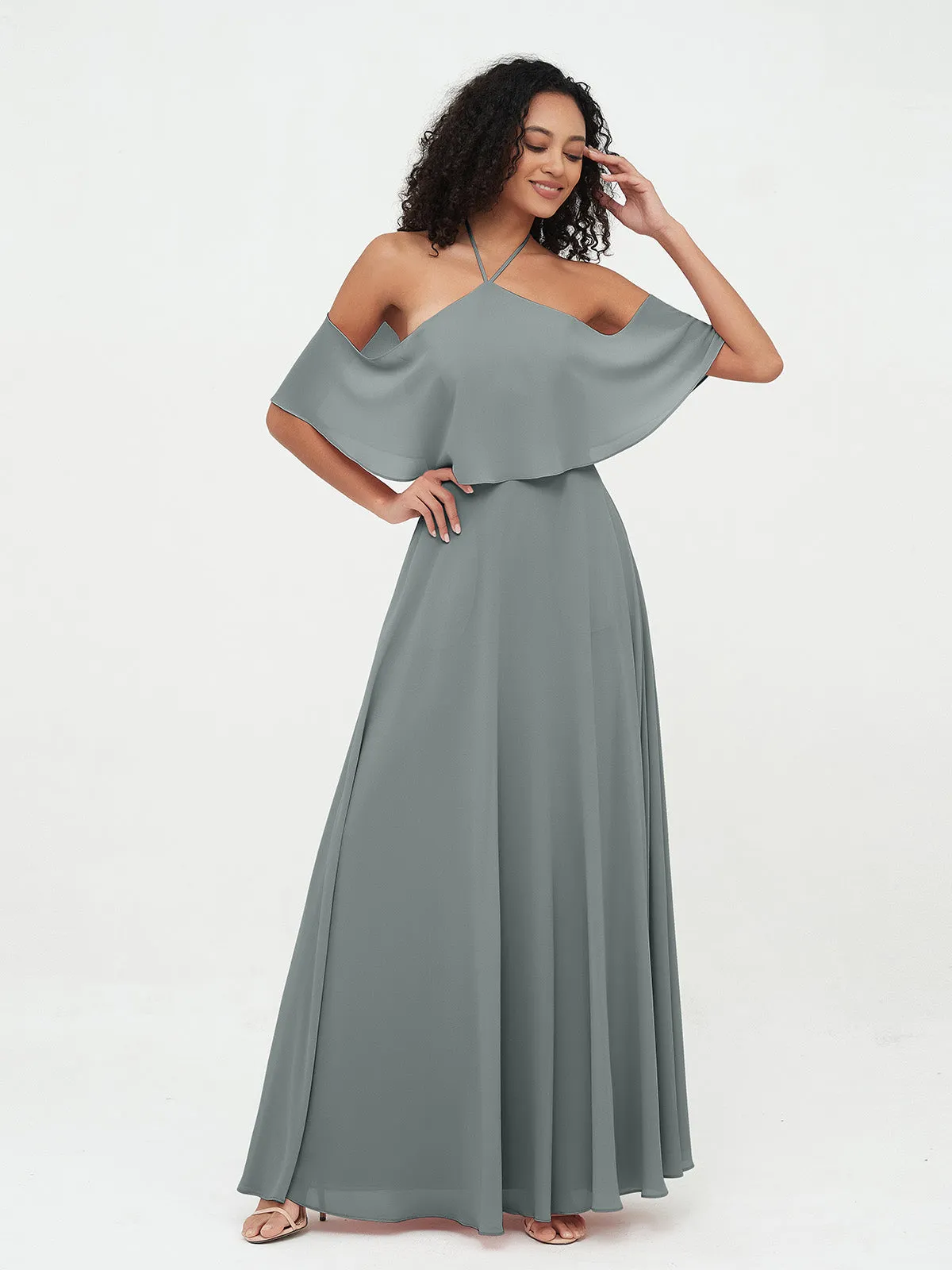 Halter Off the Shoulder Max Dresses with Pockets-Steel Grey