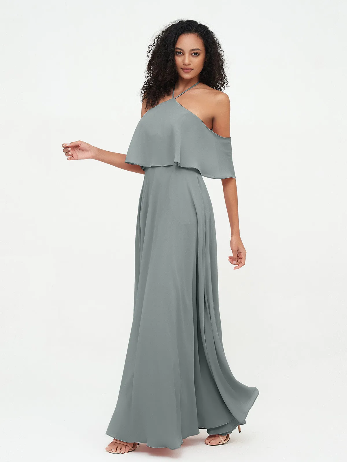 Halter Off the Shoulder Max Dresses with Pockets-Steel Grey