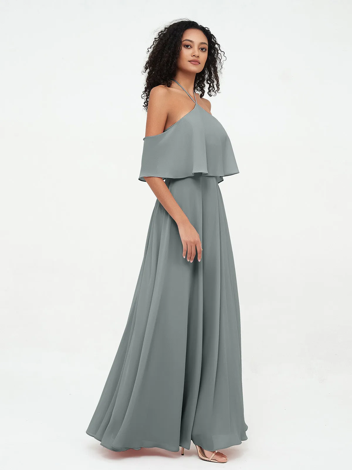 Halter Off the Shoulder Max Dresses with Pockets-Steel Grey