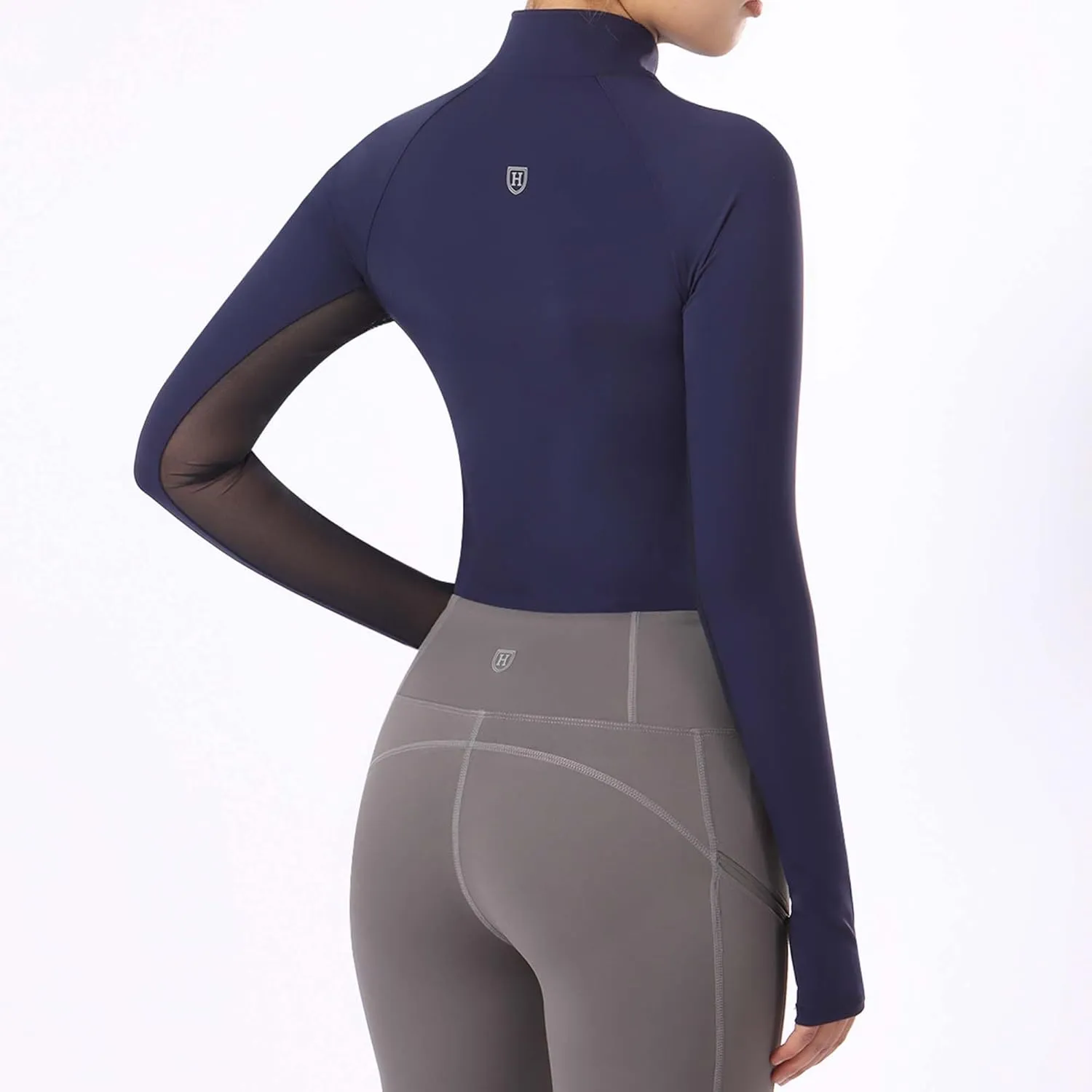 Harrison Howard Equestrian Tops Female Long Sleeve Half Mesh Arm Design Quick-Dry Summer Top with Stylish Neckline