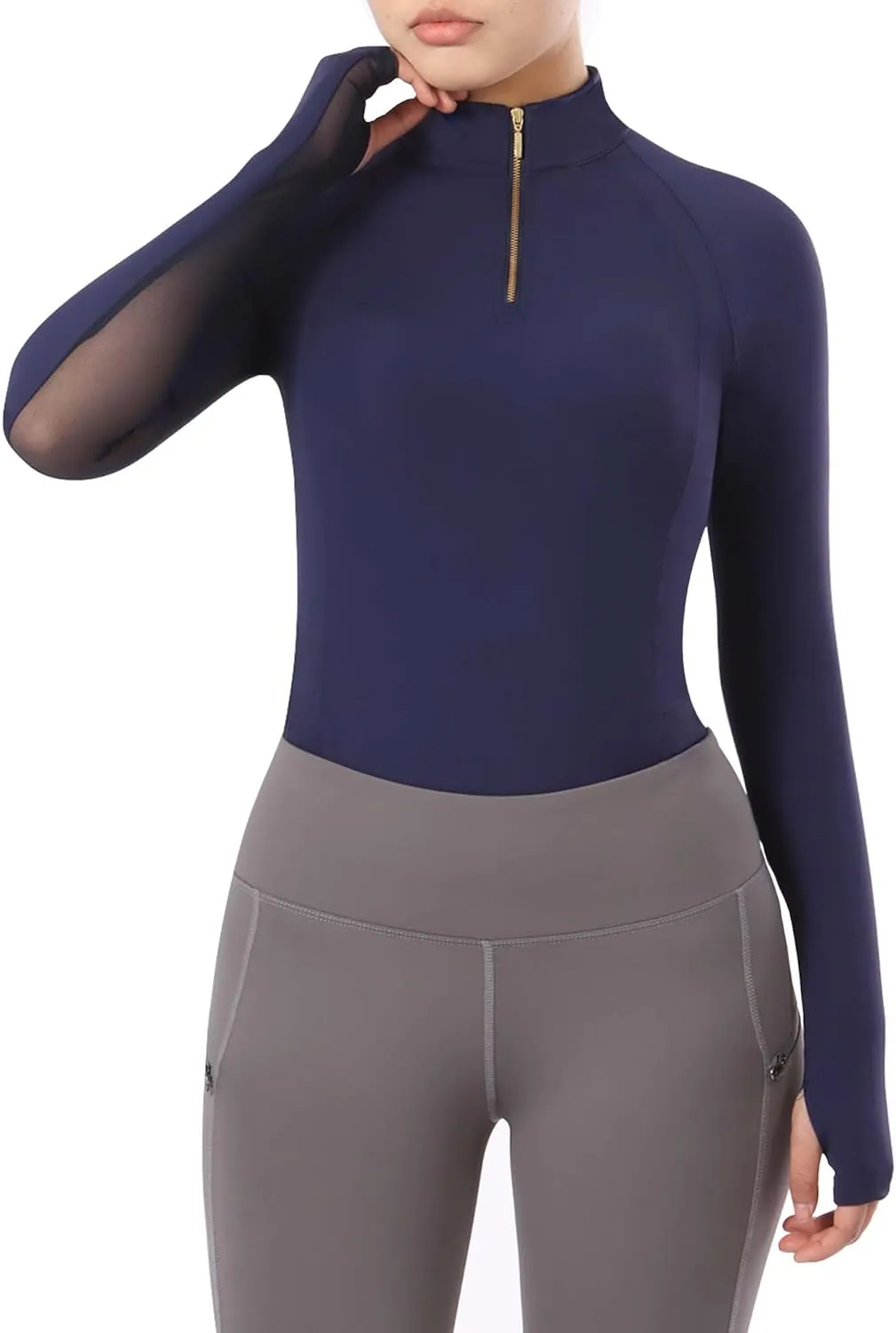Harrison Howard Equestrian Tops Female Long Sleeve Half Mesh Arm Design Quick-Dry Summer Top with Stylish Neckline