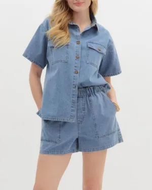 High Waist Pull On Shorts - Denim Blue