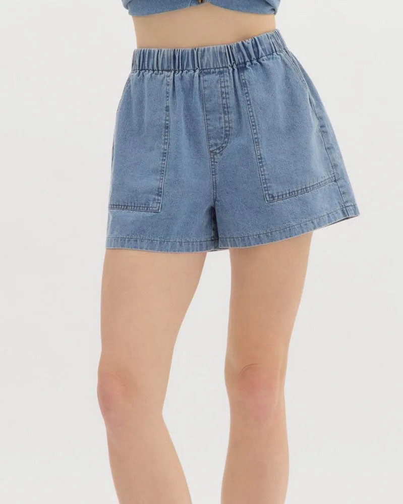 High Waist Pull On Shorts - Denim Blue