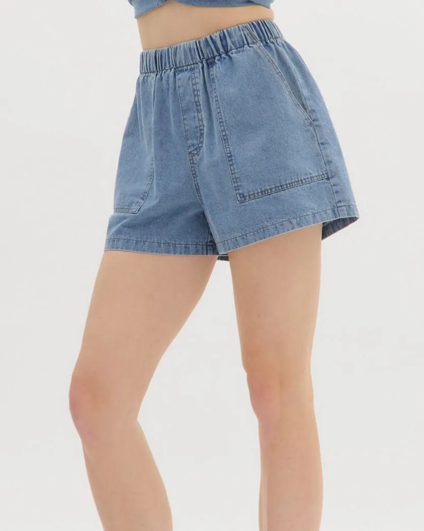 High Waist Pull On Shorts - Denim Blue