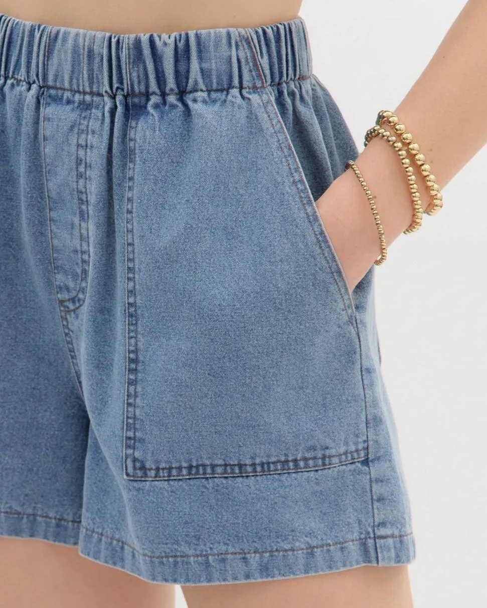 High Waist Pull On Shorts - Denim Blue