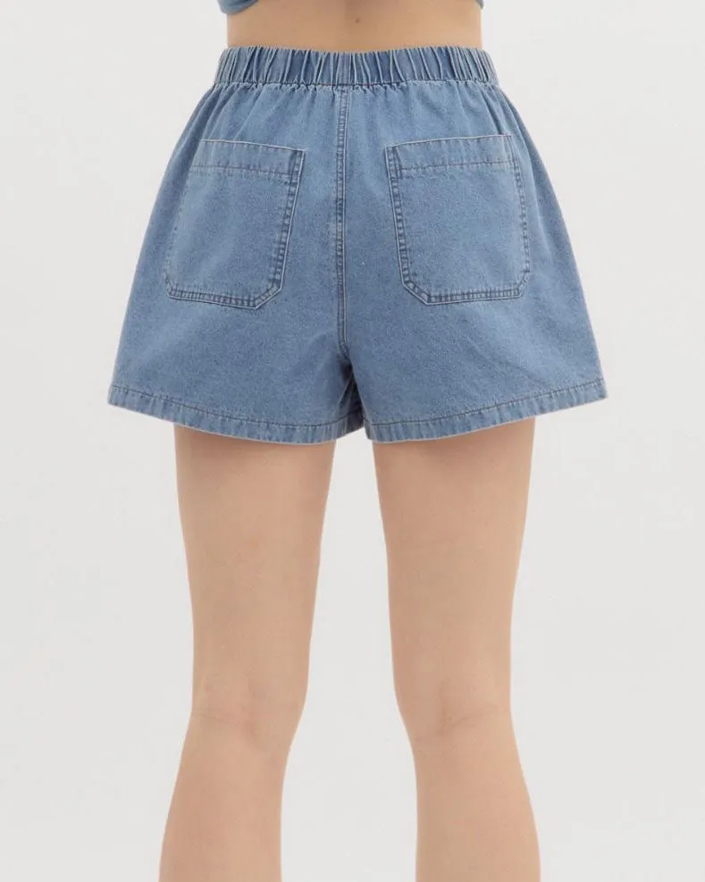 High Waist Pull On Shorts - Denim Blue