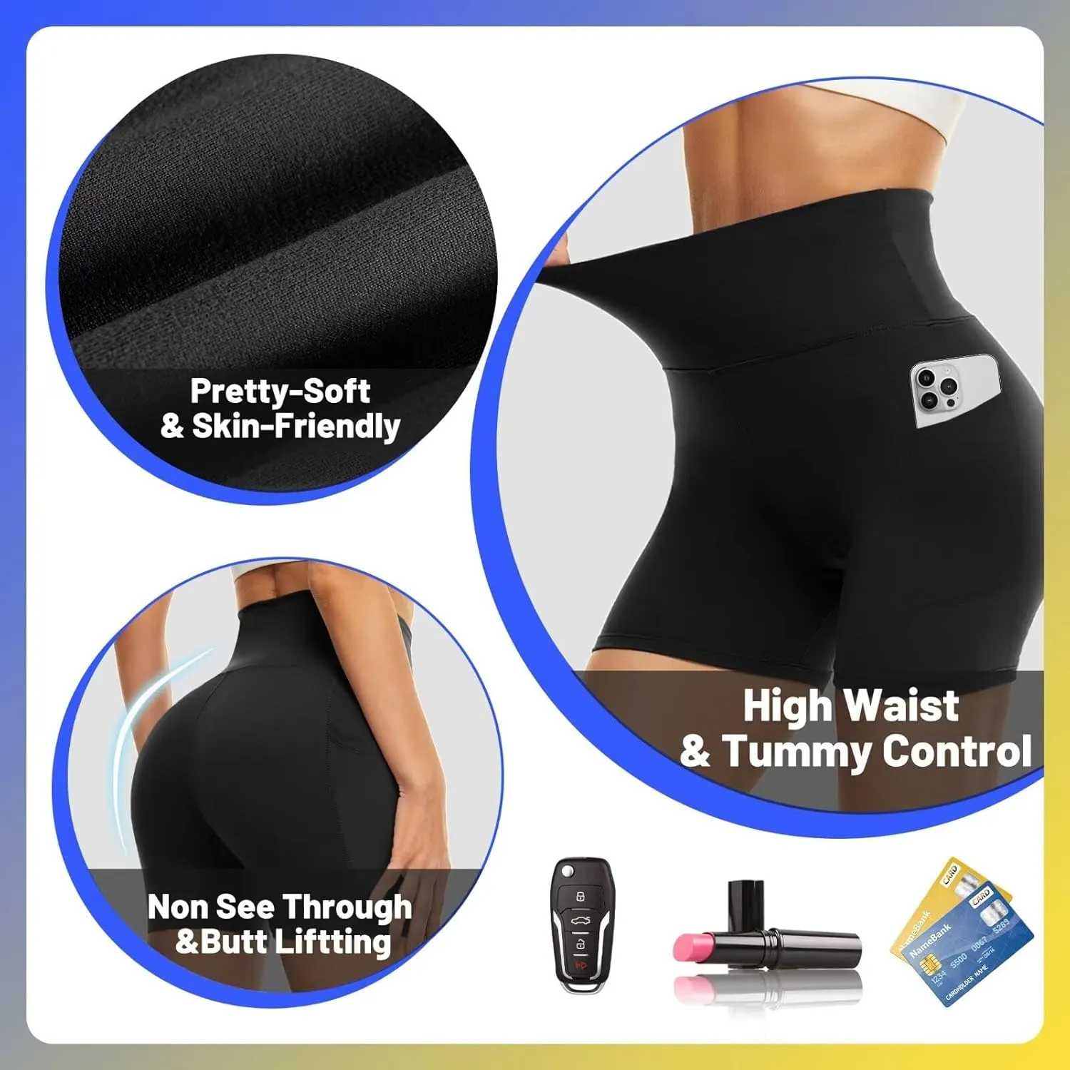 HIGHDAYS 5 Biker Shorts for Women with Pockets-High Waist Tummy Control Spandex Workout Yoga Running Gym Activewear