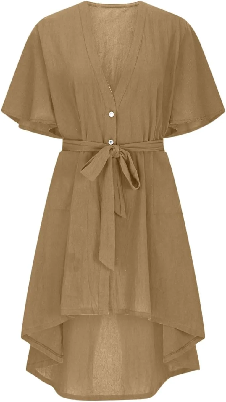 hlysgo Summer Dresses for Women Casual Loose Comfy Short Sleeve Beach Vacation Dress High-Low Hem V Neck Shirt Mini Dress
