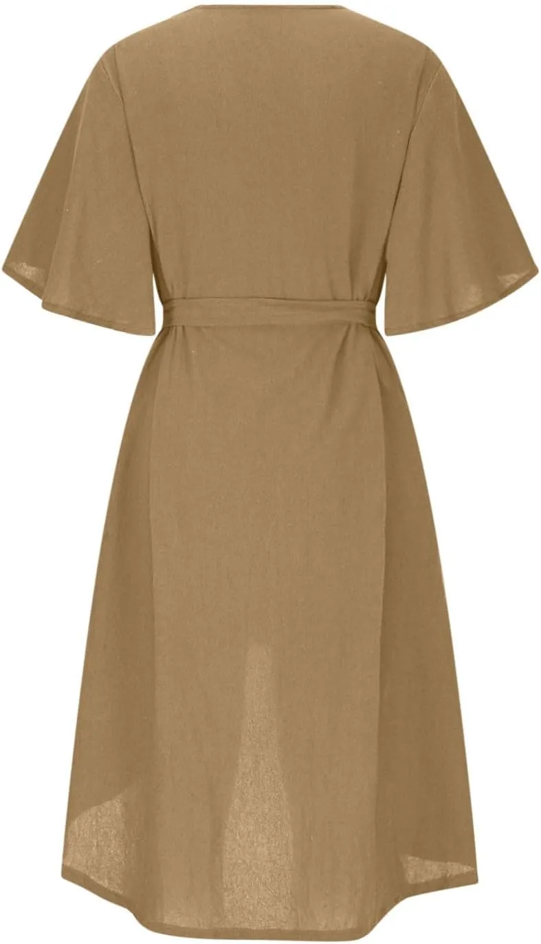 hlysgo Summer Dresses for Women Casual Loose Comfy Short Sleeve Beach Vacation Dress High-Low Hem V Neck Shirt Mini Dress