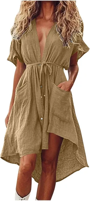 hlysgo Summer Dresses for Women Casual Loose Comfy Short Sleeve Beach Vacation Dress High-Low Hem V Neck Shirt Mini Dress