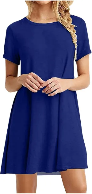 hlysgo Summer Mini Dress for Women Casual Loose Fit Short Sleeve Crew Neck T-Shirt Dresses Petite Ladies Knee Length Dress