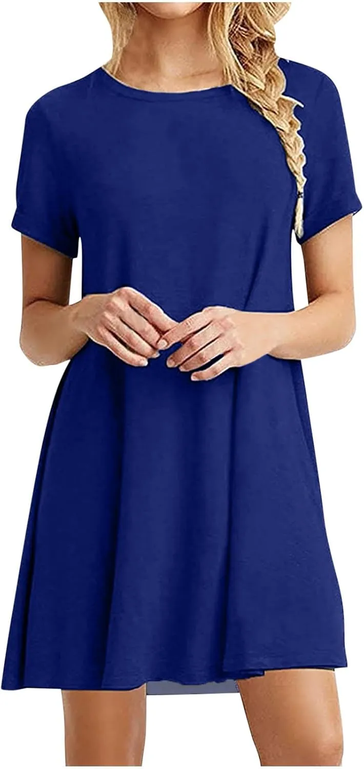 hlysgo Summer Mini Dress for Women Casual Loose Fit Short Sleeve Crew Neck T-Shirt Dresses Petite Ladies Knee Length Dress