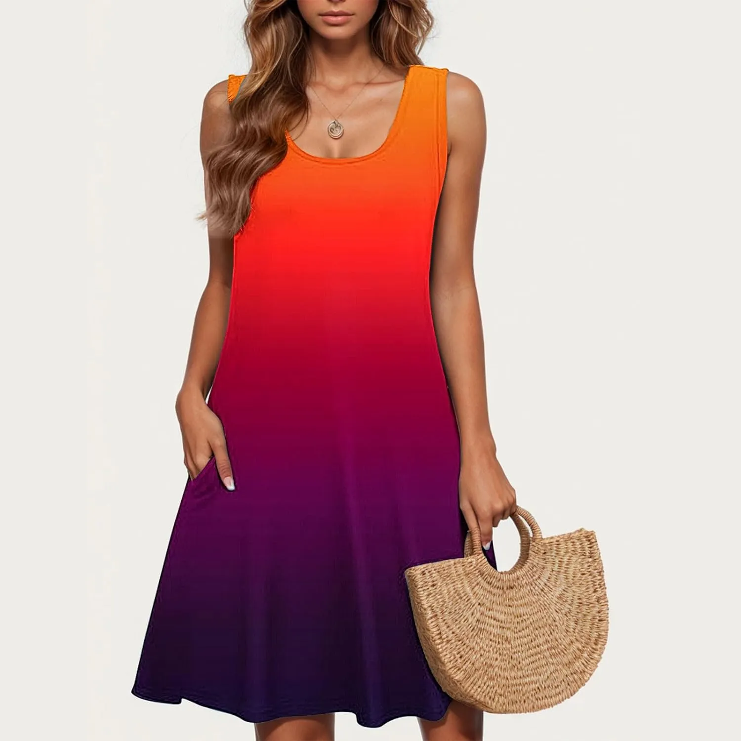 hlysgo Women Summer Petite Dresses 2025 Trendy Tie-Dye Print Sleeveless Mini Dress Casual Beach Coverup Sundress with Pocket