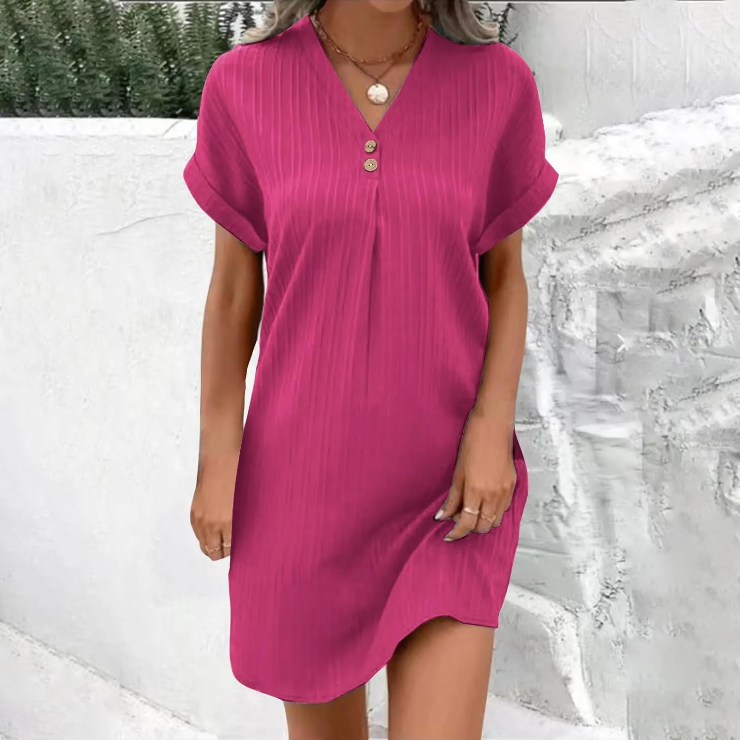 hlysgo Womens Mini Dress 2025 Summer Casual Loose Fit Short Sleeve V Neck Dress Trendy Pleated Going Out Dress for Ladies